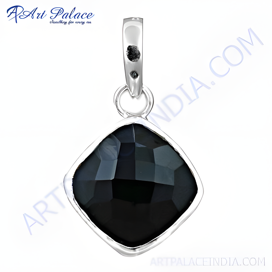 925 sterling silver pendant with a cushion cut black onyx gemstone, perfect for women's jewelry.