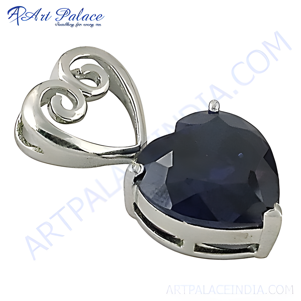 925 sterling silver heart shaped pendant with a dark blue sapphire gemstone