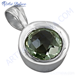 Load image into Gallery viewer, 925 sterling silver pendant with a round, faceted green amethyst gemstone. A beautiful piece of women's jewelry.
