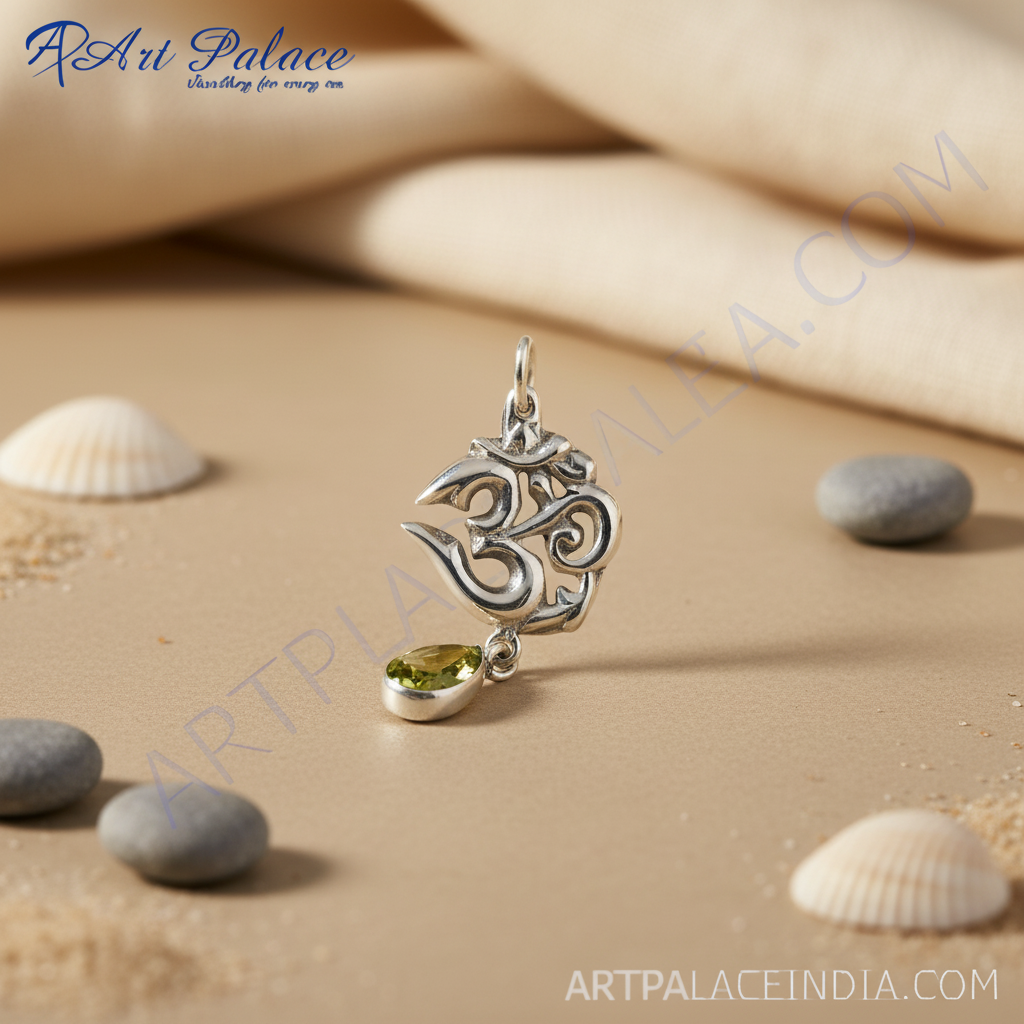 925 Silver Om Pendant with Peridot Gemstone | Spiritual Jewelry