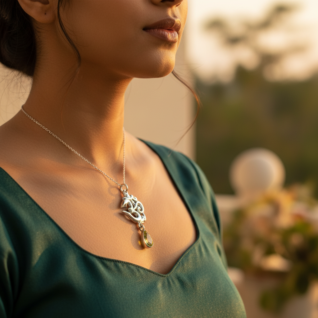 925 Silver Om Pendant with Peridot Gemstone | Spiritual Jewelry