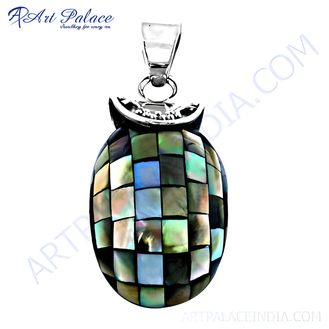 Silver pendant necklace with a mosaic design, crafted from mother of pearl gemstone in a polished silver setting, for women.