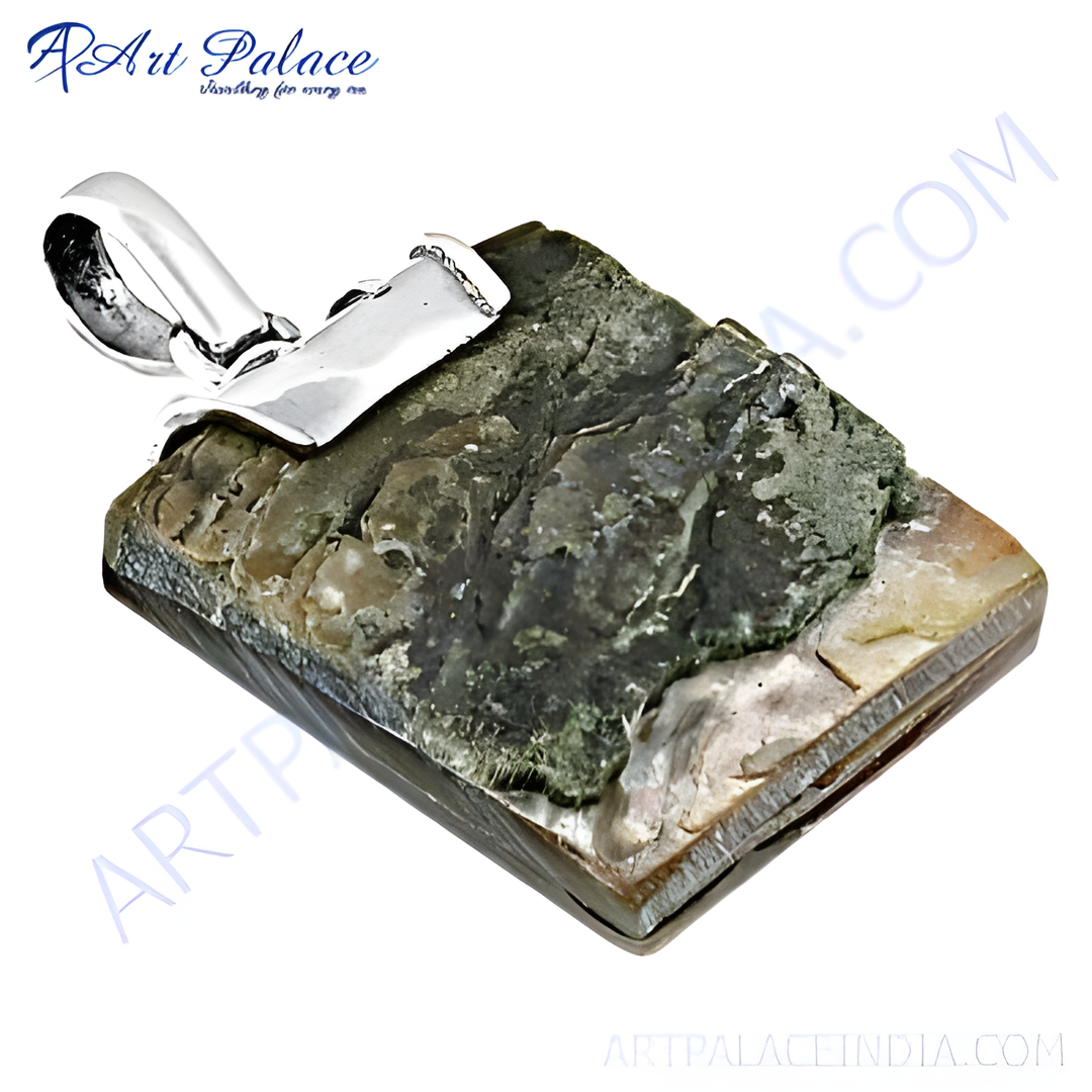 Sterling silver pendant with a natural green and beige gemstone, rectangular shape.