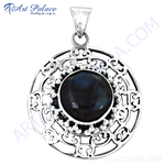 Load image into Gallery viewer, 925 sterling silver labradorite pendant necklace with a dark blue gemstone center and intricate openwork design
