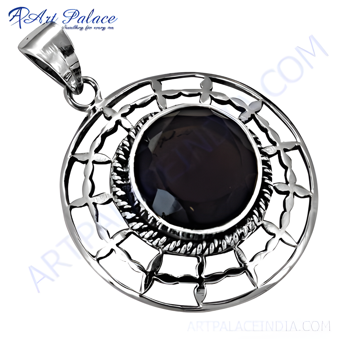 925 sterling silver pendant necklace with a large round black onyx gemstone set within an intricate filigree design.