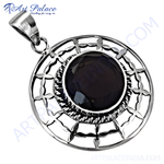 Load image into Gallery viewer, 925 sterling silver pendant necklace with a large round black onyx gemstone set within an intricate filigree design.
