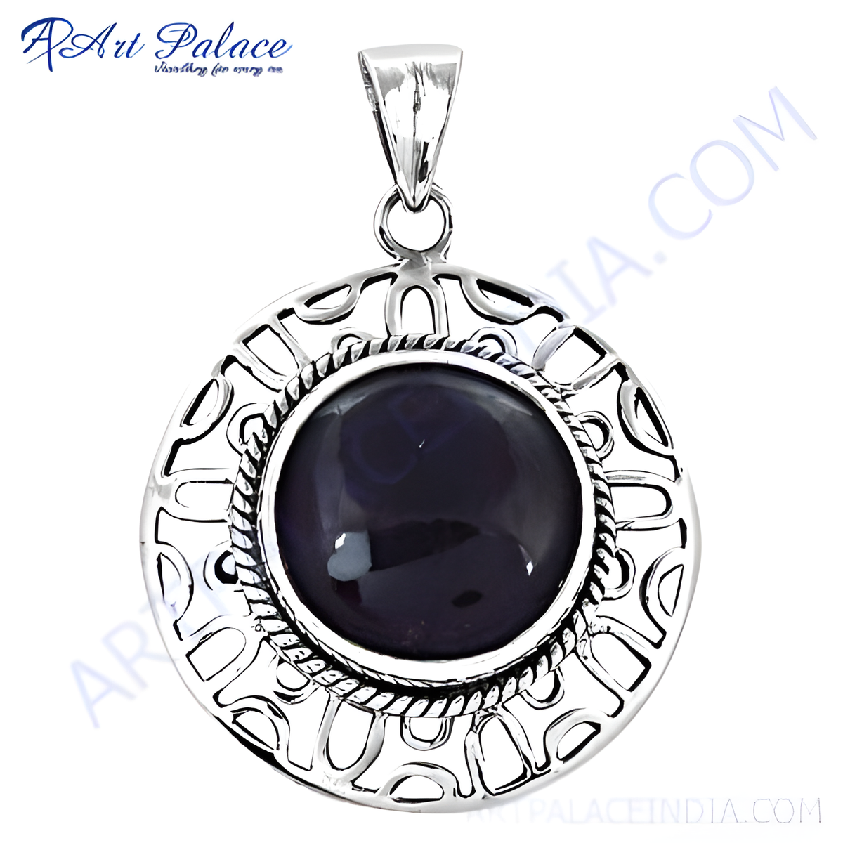 925 sterling silver round pendant with a dark gemstone center and intricate openwork design