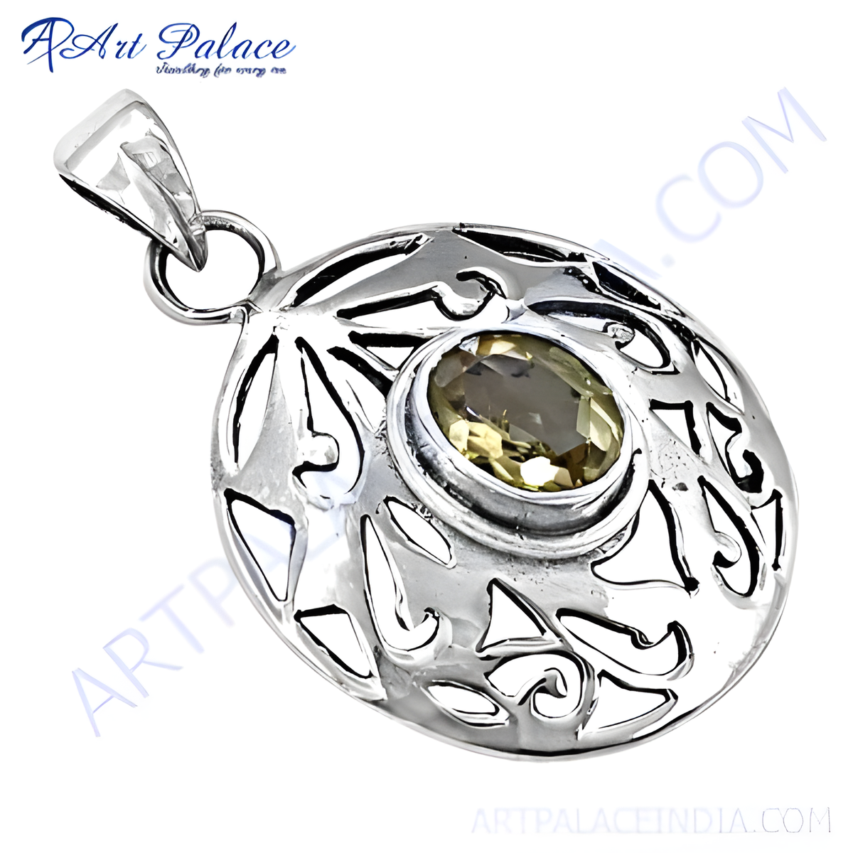 925 sterling silver pendant with an oval cut citrine gemstone in a decorative open work design