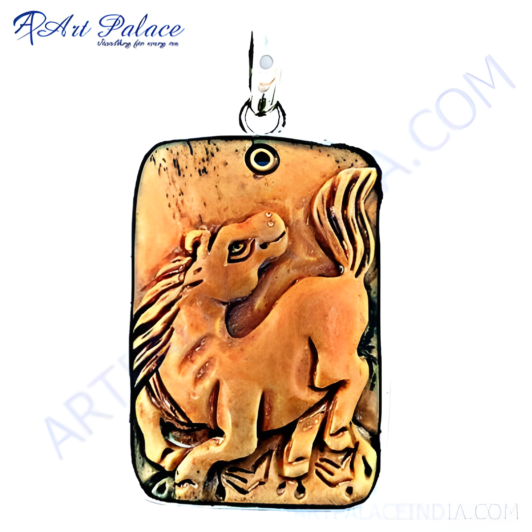 Natural stone pendant featuring a detailed carved horse design, tan color, charm style