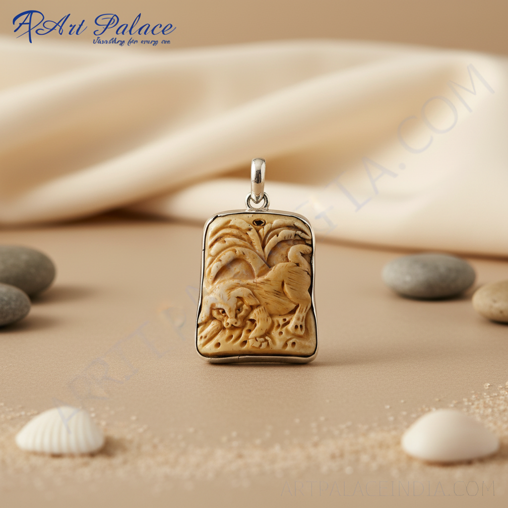 Carved Bone Pendant | Animal Motif | Silver Trim