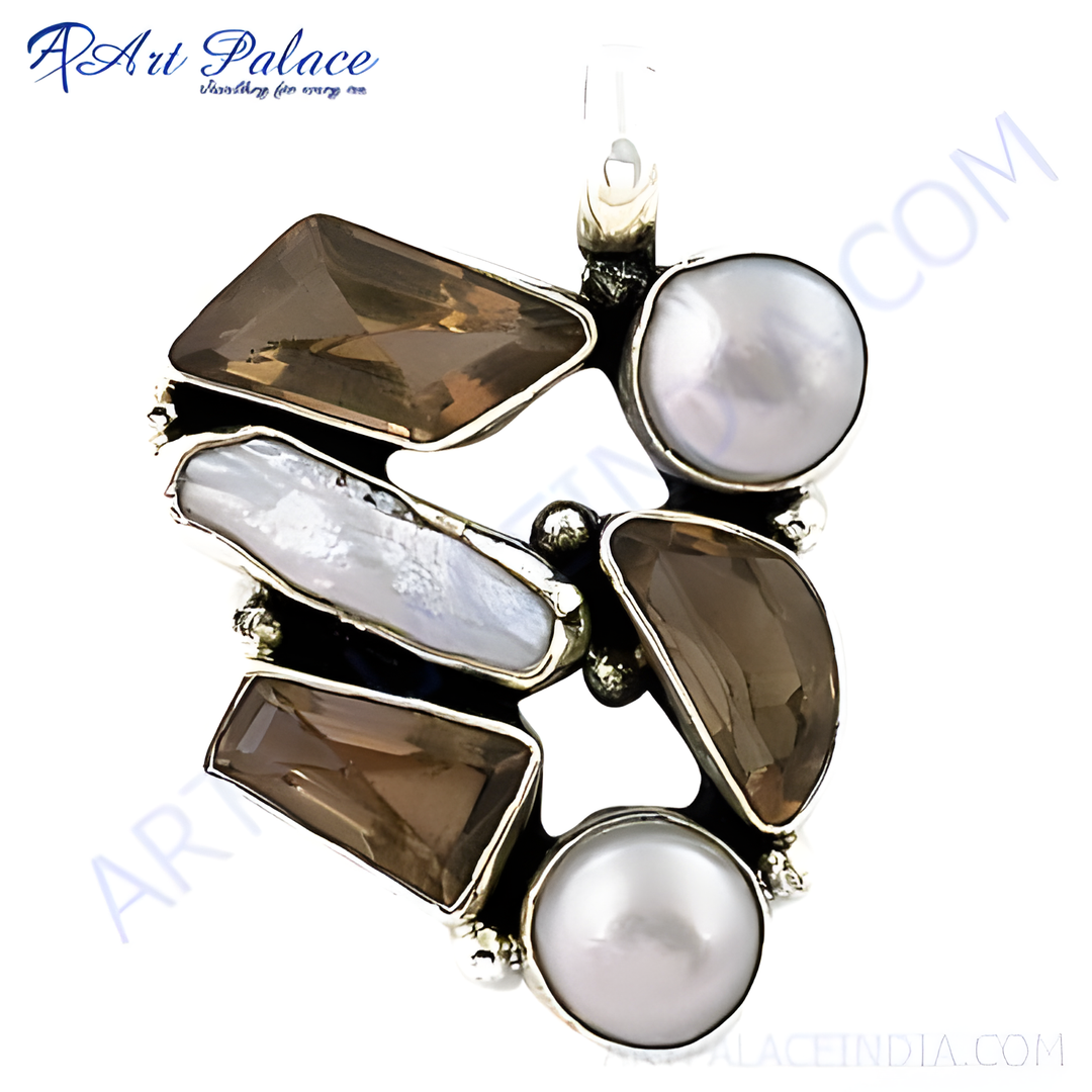 Sterling silver gemstone pendant featuring smoky quartz and pearl gemstones, with a unique artistic design.
