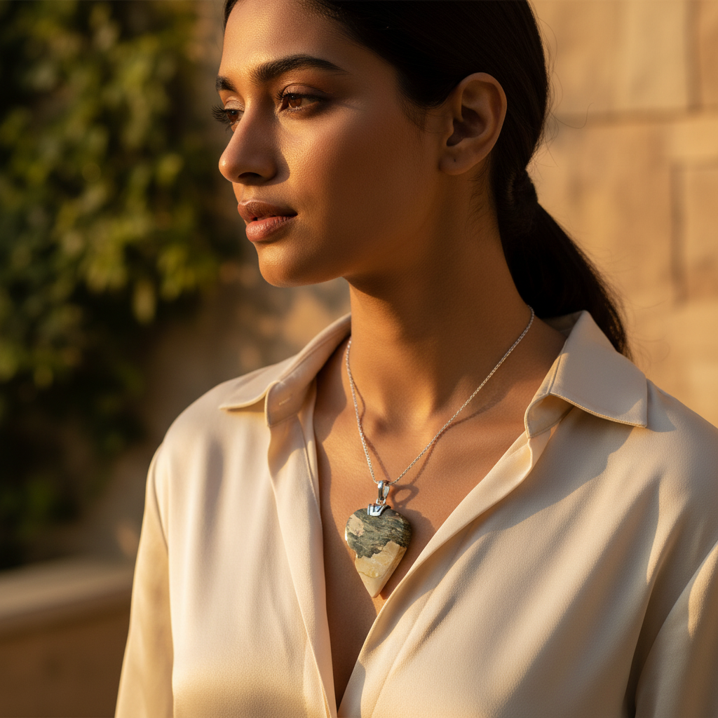 Silver Heart Pendant Necklace | Moss Agate Gemstone Jewelry