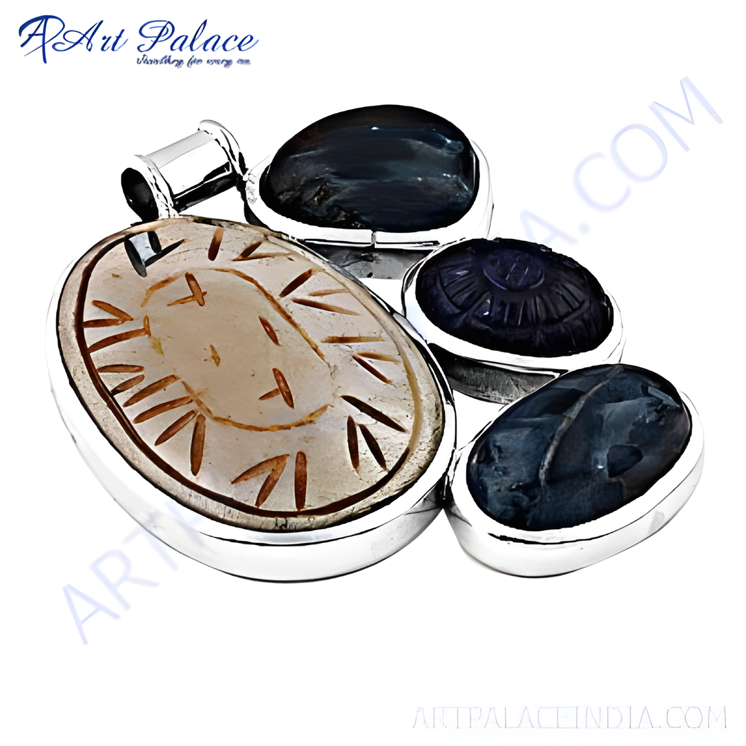 Sterling silver gemstone pendant set with various shaped stones for women, featuring intricate carvings.