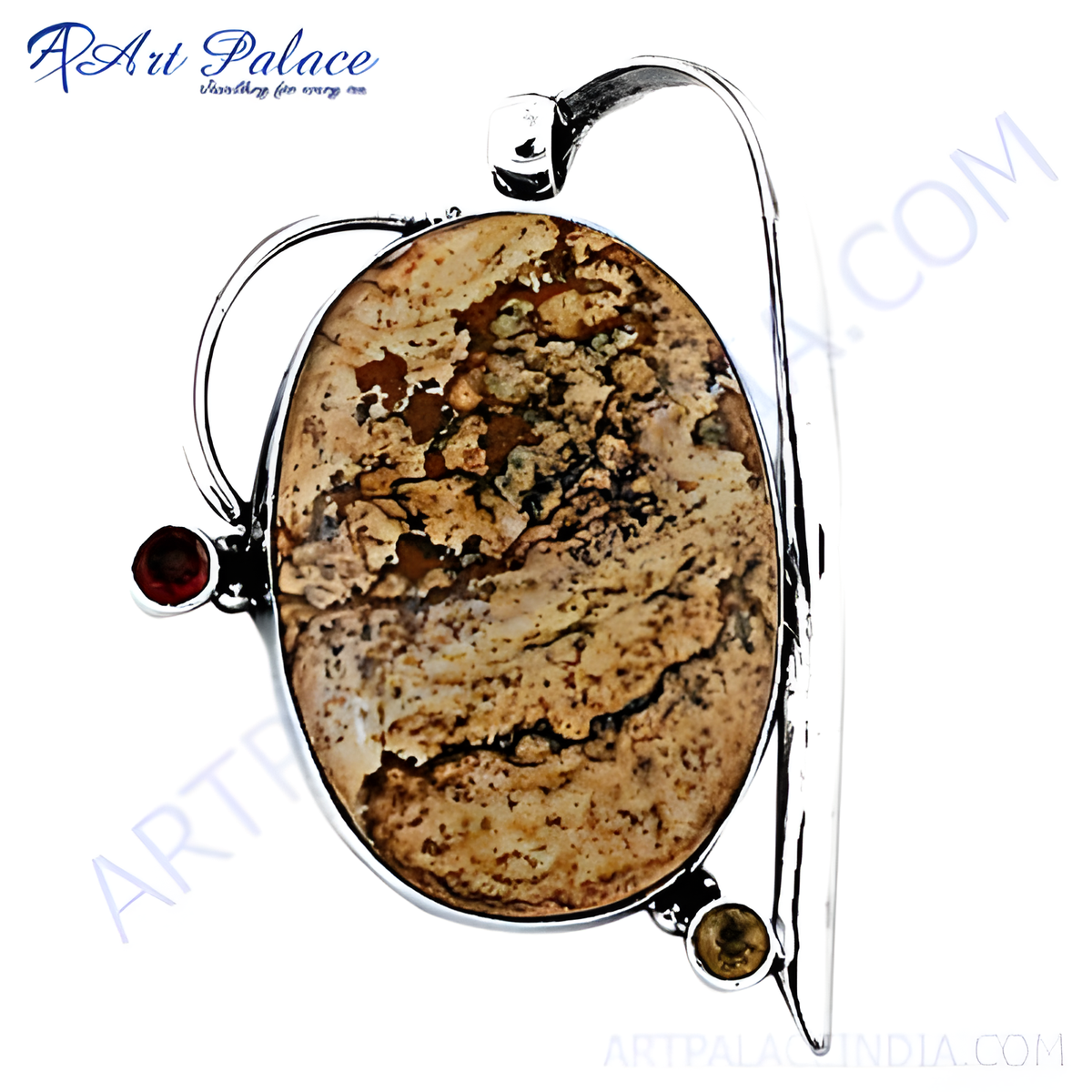 925 sterling silver jasper gemstone pendant with unique patterns, brown, beige, oval shape