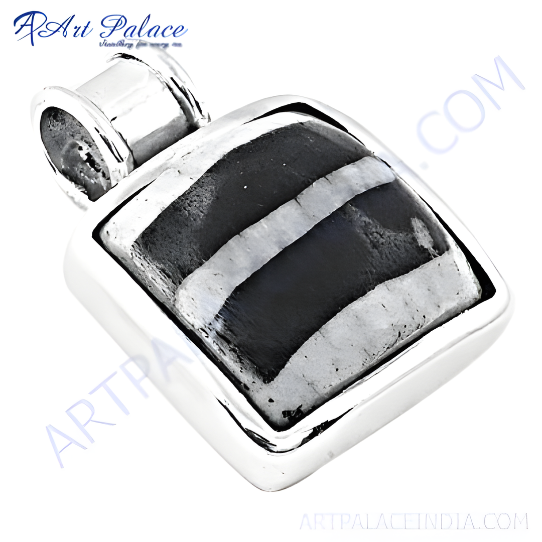 925 sterling silver zebra jasper pendant, featuring black and white striped gemstone with a polished finish.
