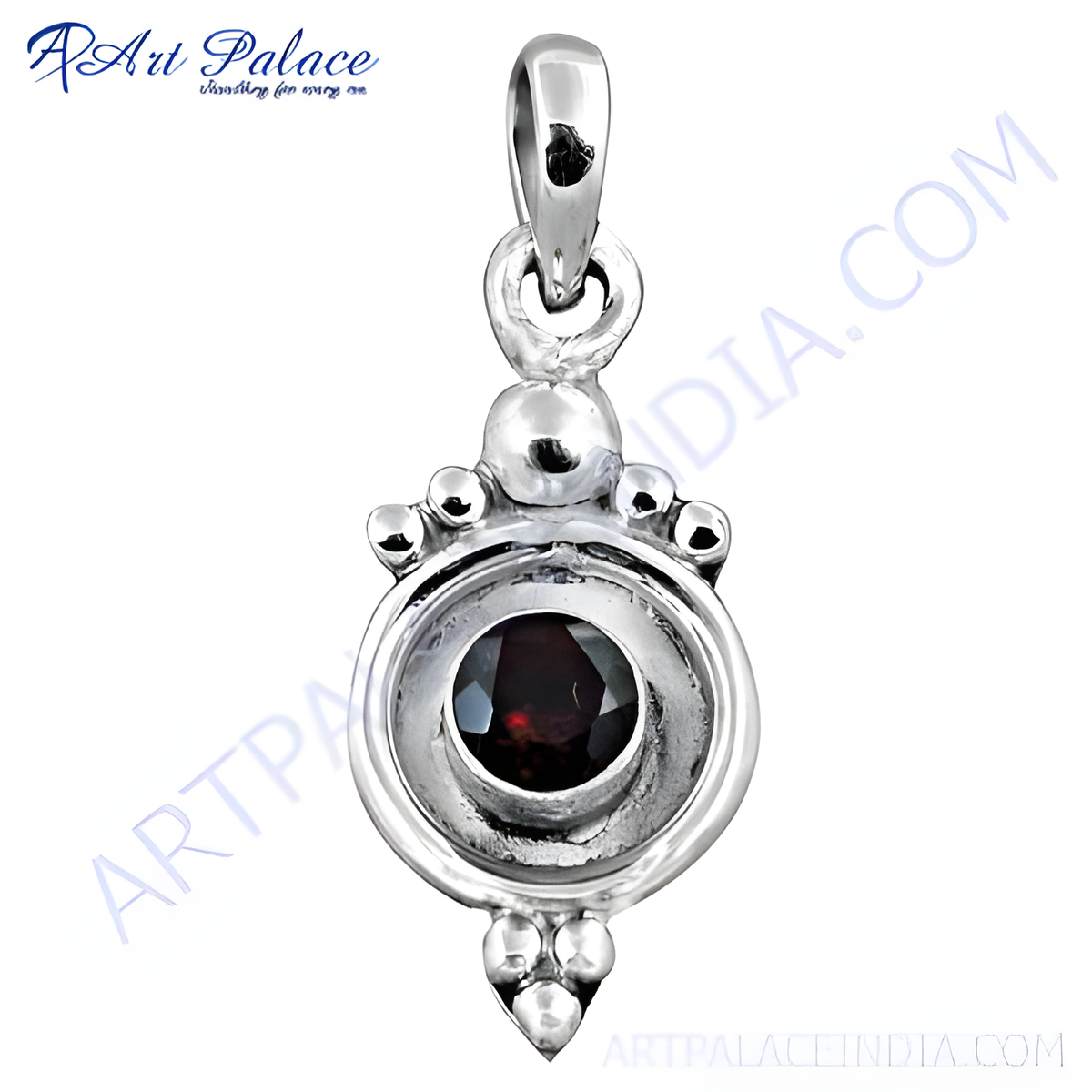 925 sterling silver pendant with a round garnet gemstone center and decorative detailing