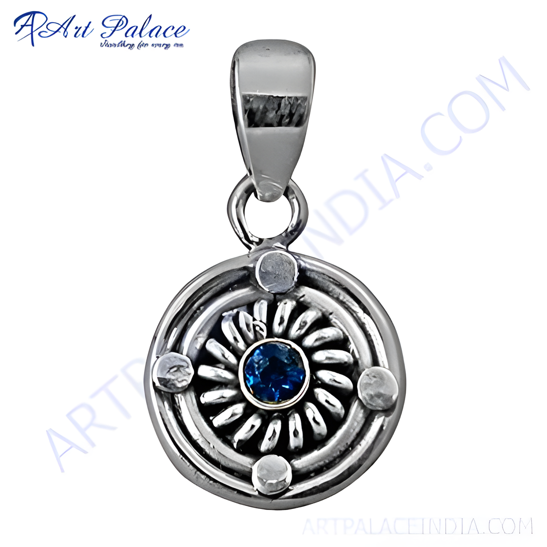 925 sterling silver pendant with a blue gemstone center for women, detailed design