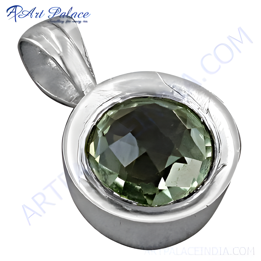 925 sterling silver pendant with a round green amethyst gemstone. A beautiful gemstone jewelry.