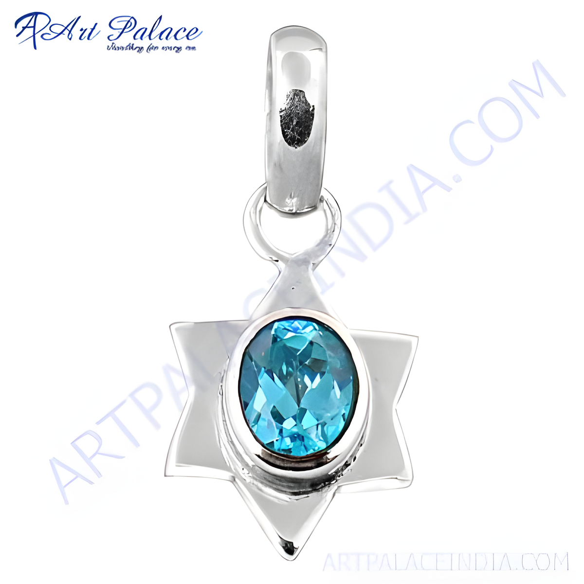 925 sterling silver star pendant with an oval blue topaz gemstone center