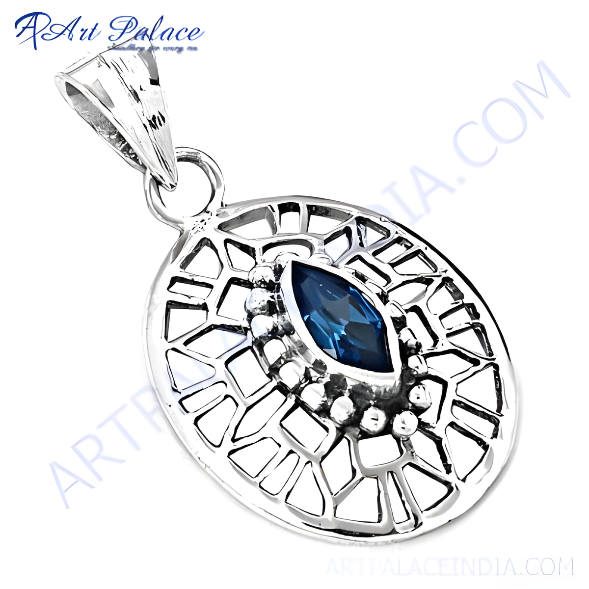 925 sterling silver pendant with a marquise cut blue gemstone