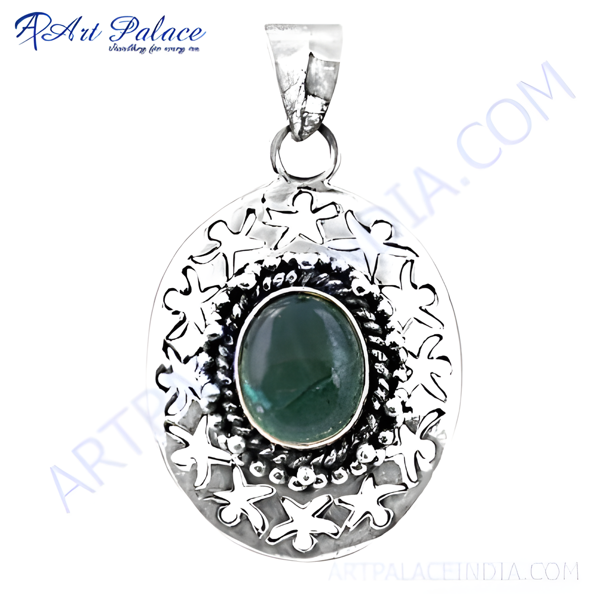 925 sterling silver oval pendant with a green gemstone center