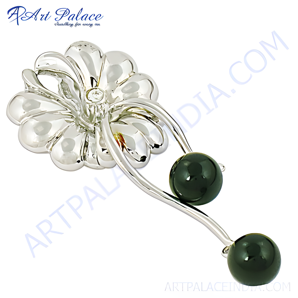 Silver flower brooch with two black onyx gemstone drops, elegant design