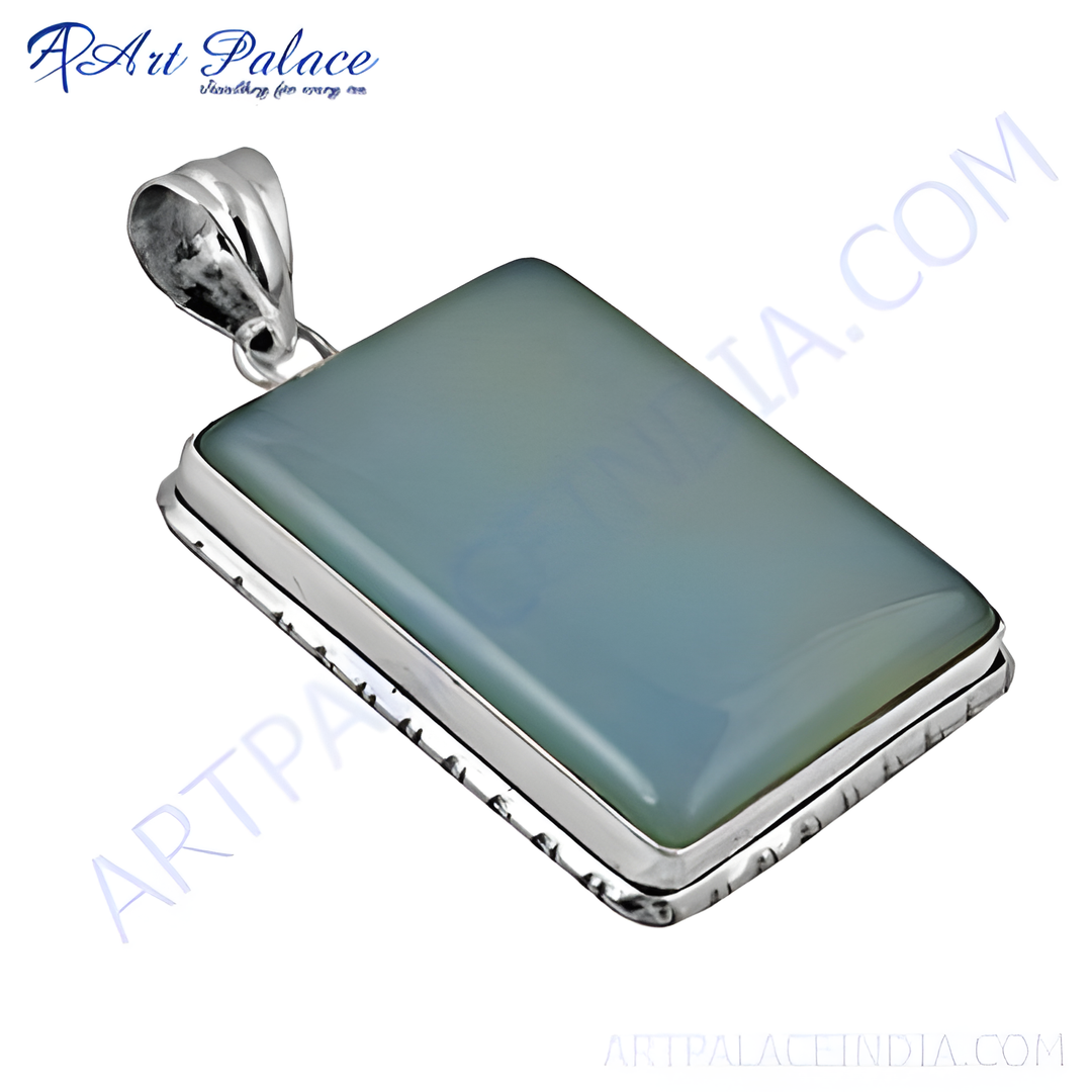 925 sterling silver rectangular pendant with blue chalcedony gemstone.