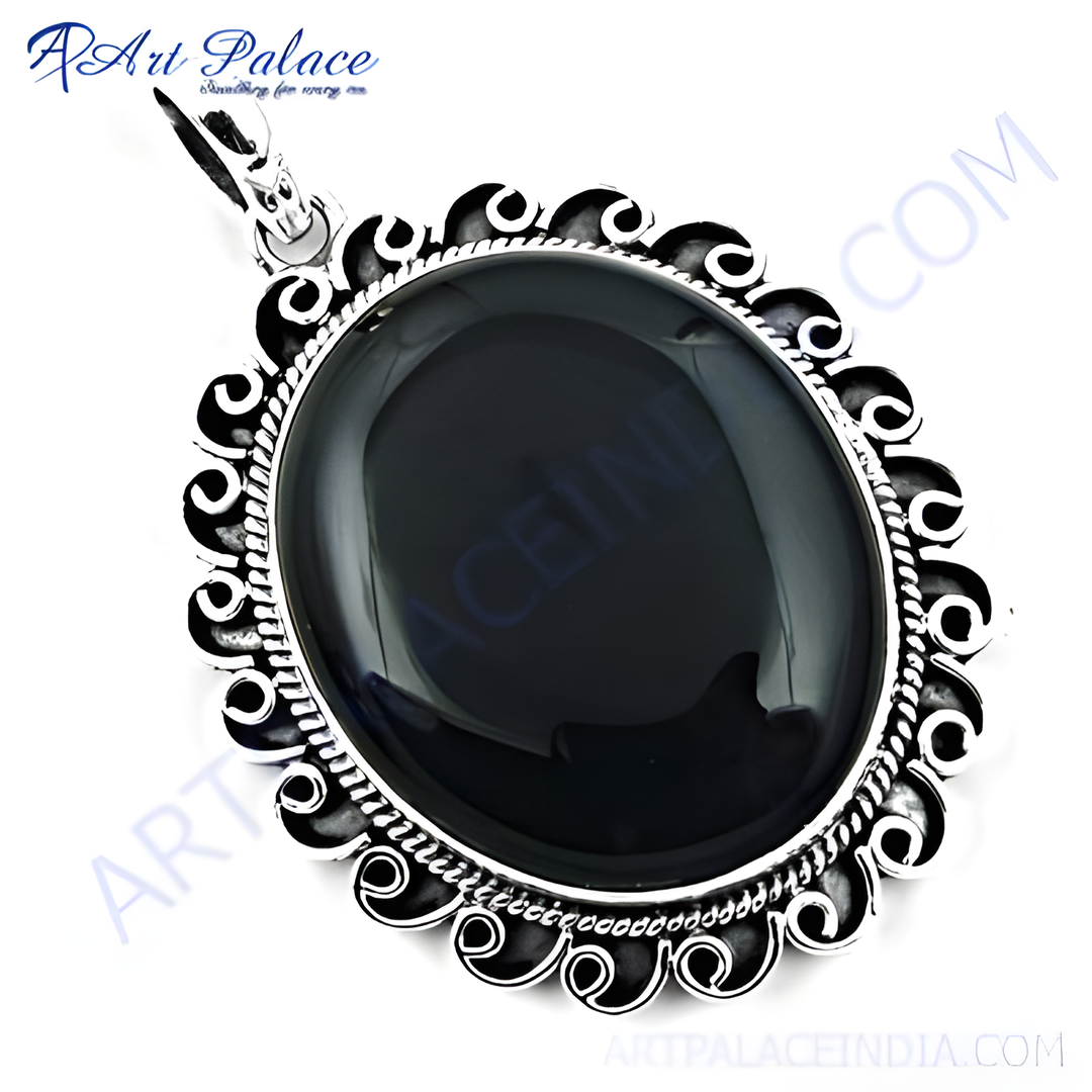 925 sterling silver onyx pendant with a large, oval-shaped black gemstone.