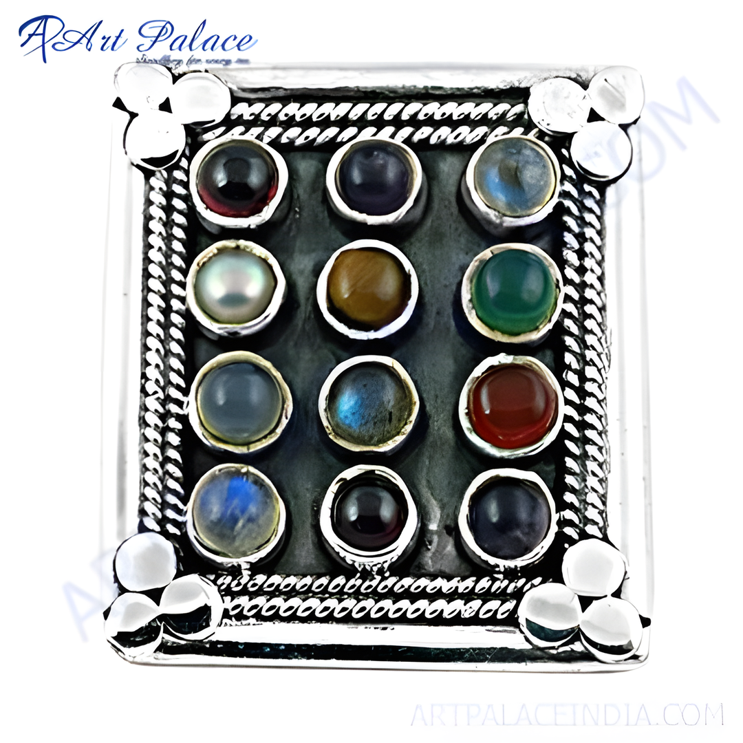 925 silver square ring inlaid with various colorful gemstones for women.