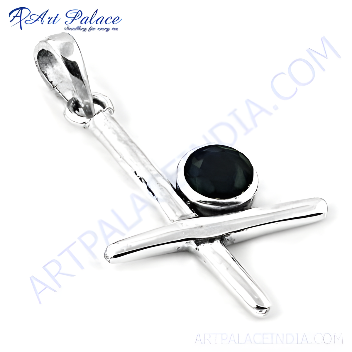 Sterling silver pendant featuring a large round black onyx gemstone set in a silver bezel