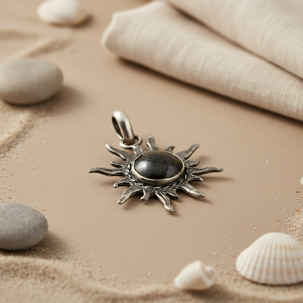925 Silver Sunburst Pendant | Black Pearl Gemstone Jewelry