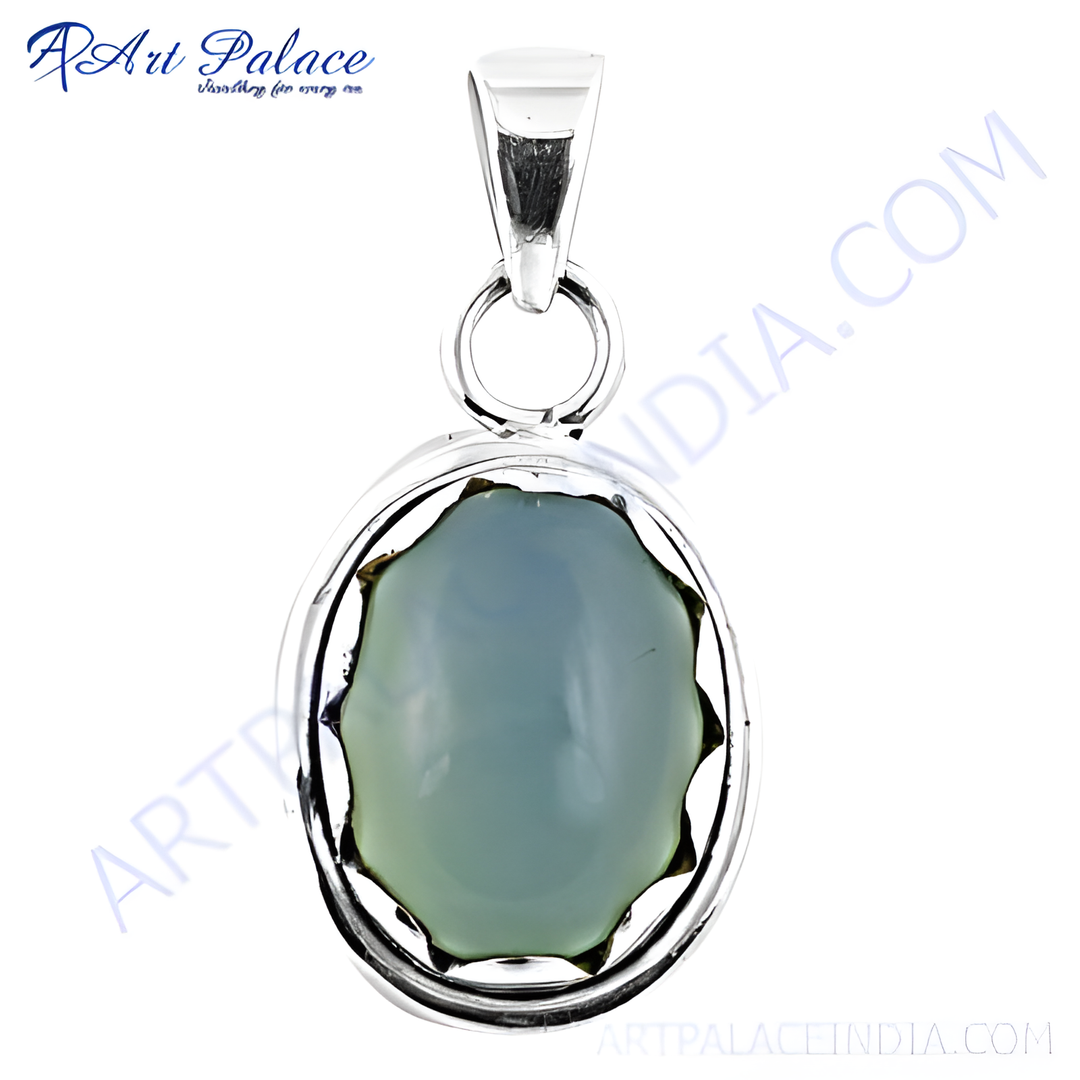 925 sterling silver oval chalcedony gemstone pendant in a bezel setting. The chalcedony has a light blue-green color.