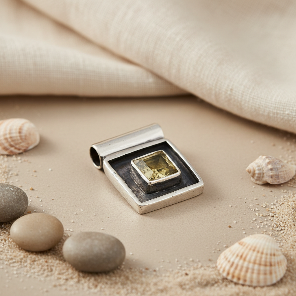 925 Silver Citrine Pendant | Square Gemstone Pendant for Women