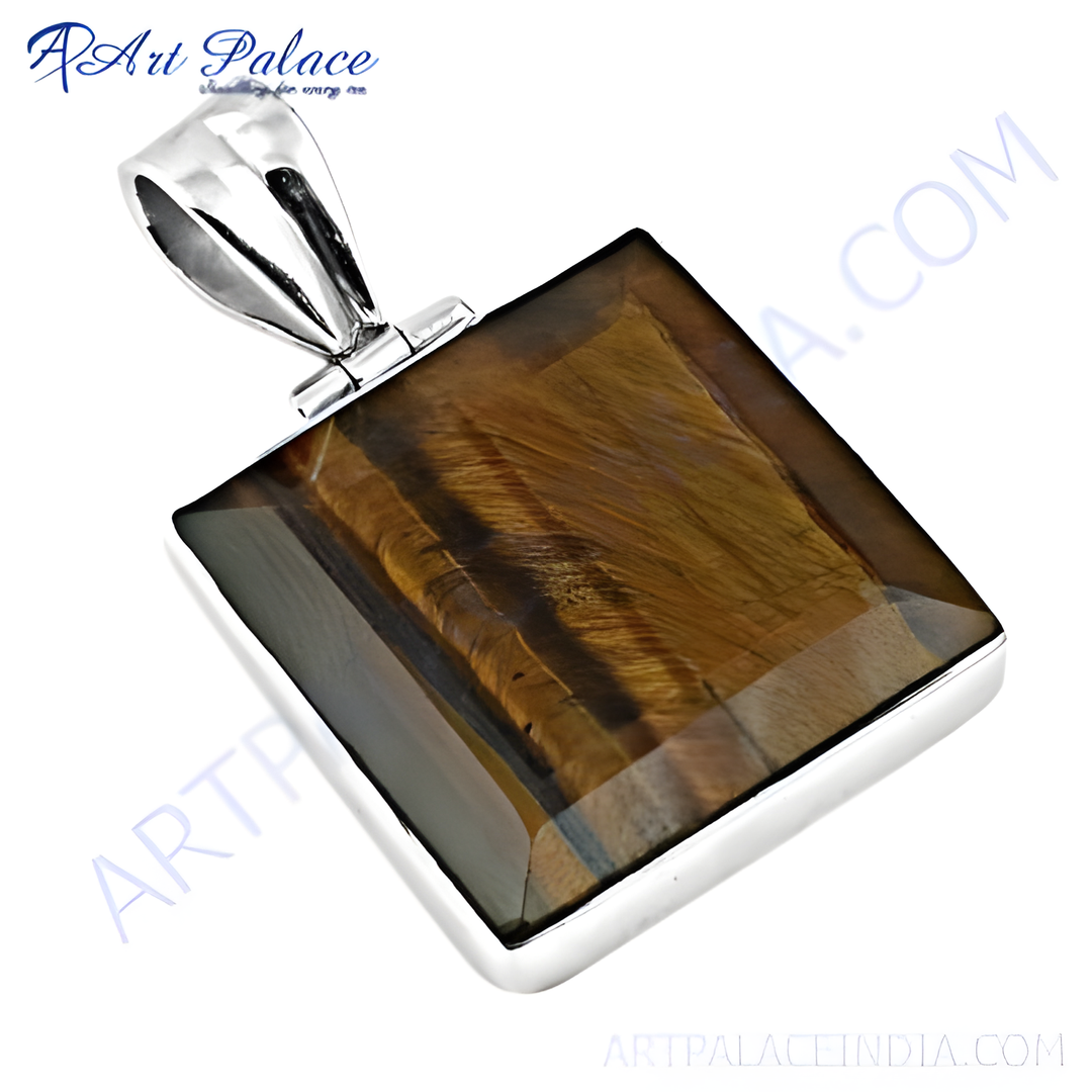 925 silver square pendant with a natural tiger's eye gemstone in shades of brown and gold plating