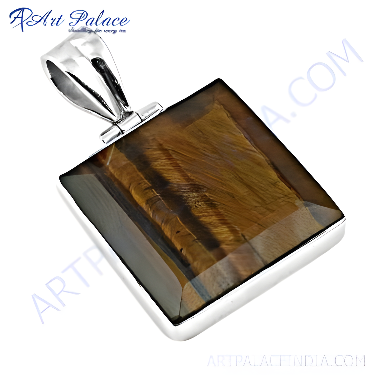 925 silver square pendant with a natural tiger's eye gemstone in shades of brown and gold plating