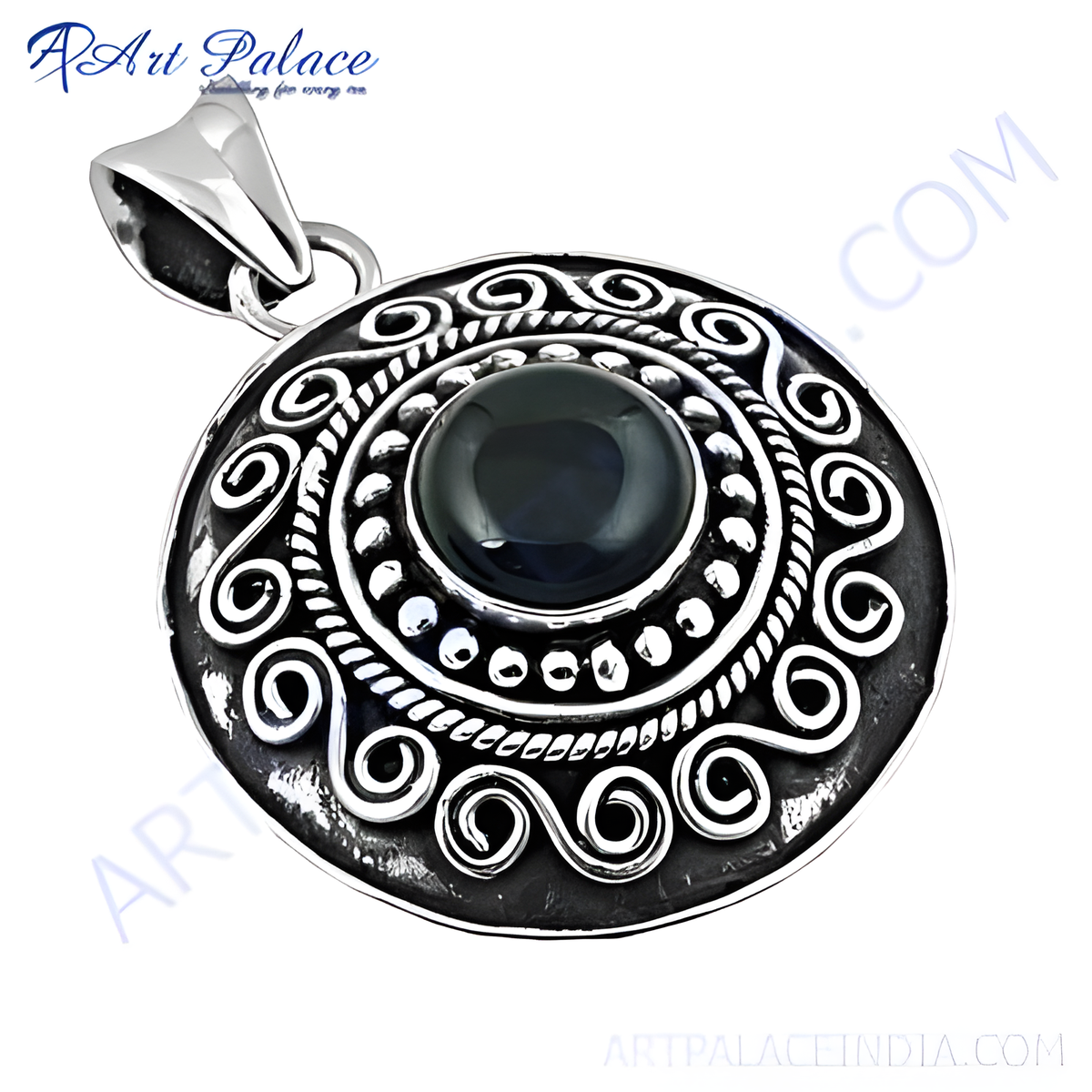 Sterling silver pendant with a black onyx gemstone center and intricate design detailing