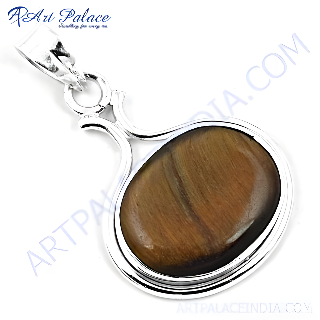925 sterling silver tiger eye gemstone pendant. Brown stone with silver setting.