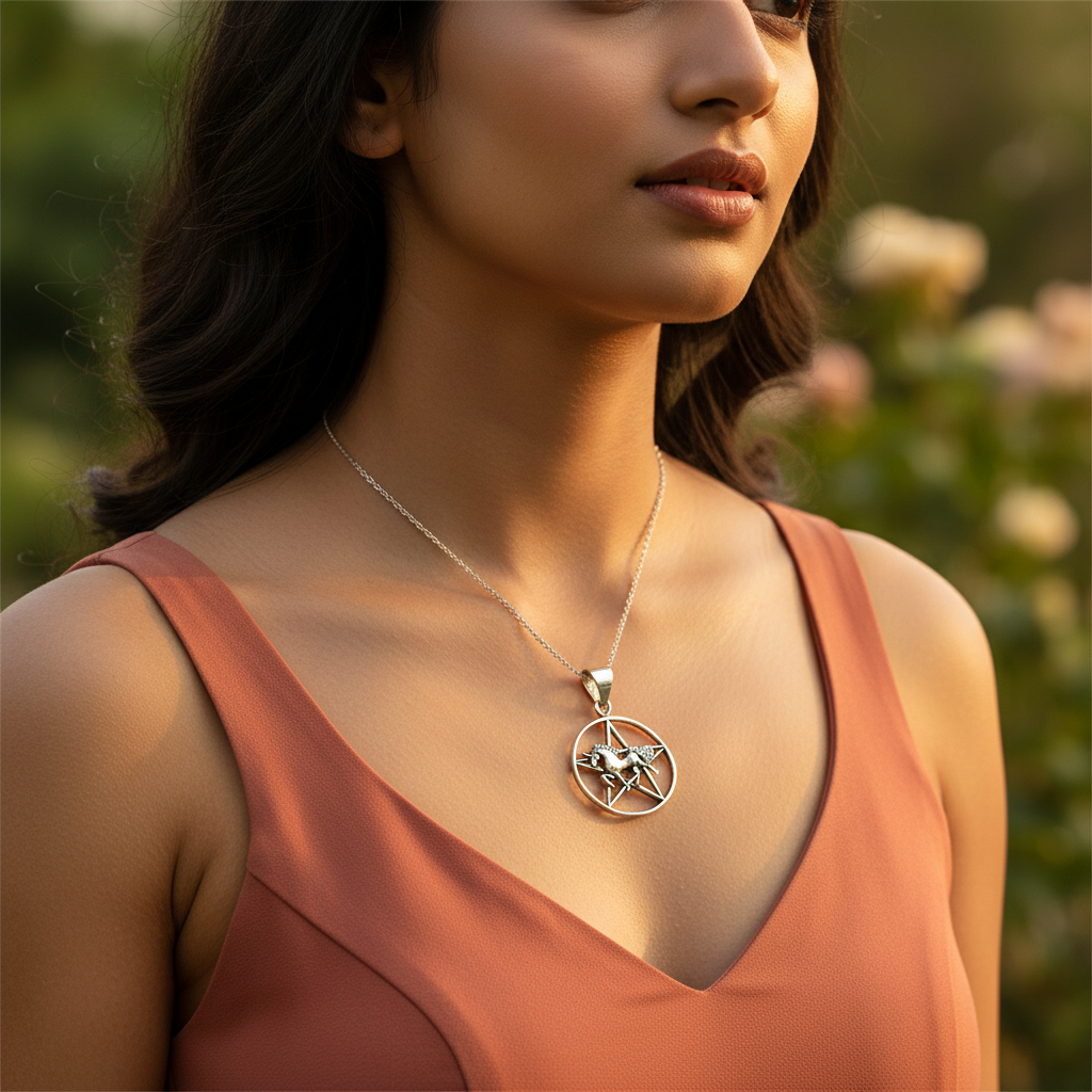 925 Sterling Silver Unicorn Pendant | Women's Pentagram Necklace