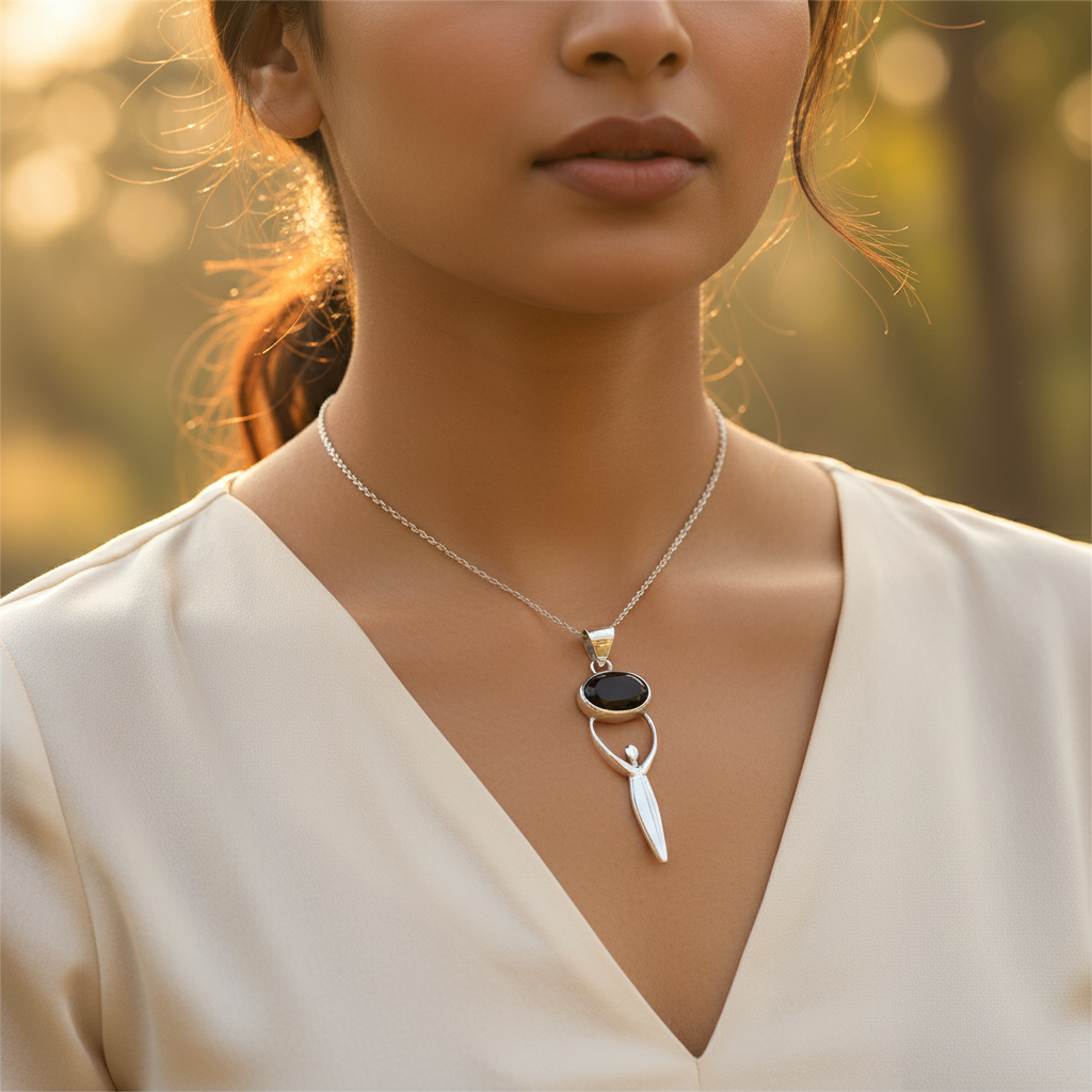 925 Silver Black Onyx Pendant for Women | Modern Necklace