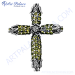 Load image into Gallery viewer, 925 sterling silver peridot cross pendant with green gemstone accents and intricate details
