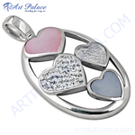Load image into Gallery viewer, Silver heart pendant necklace with pink, gray, and clear gemstone inlays

