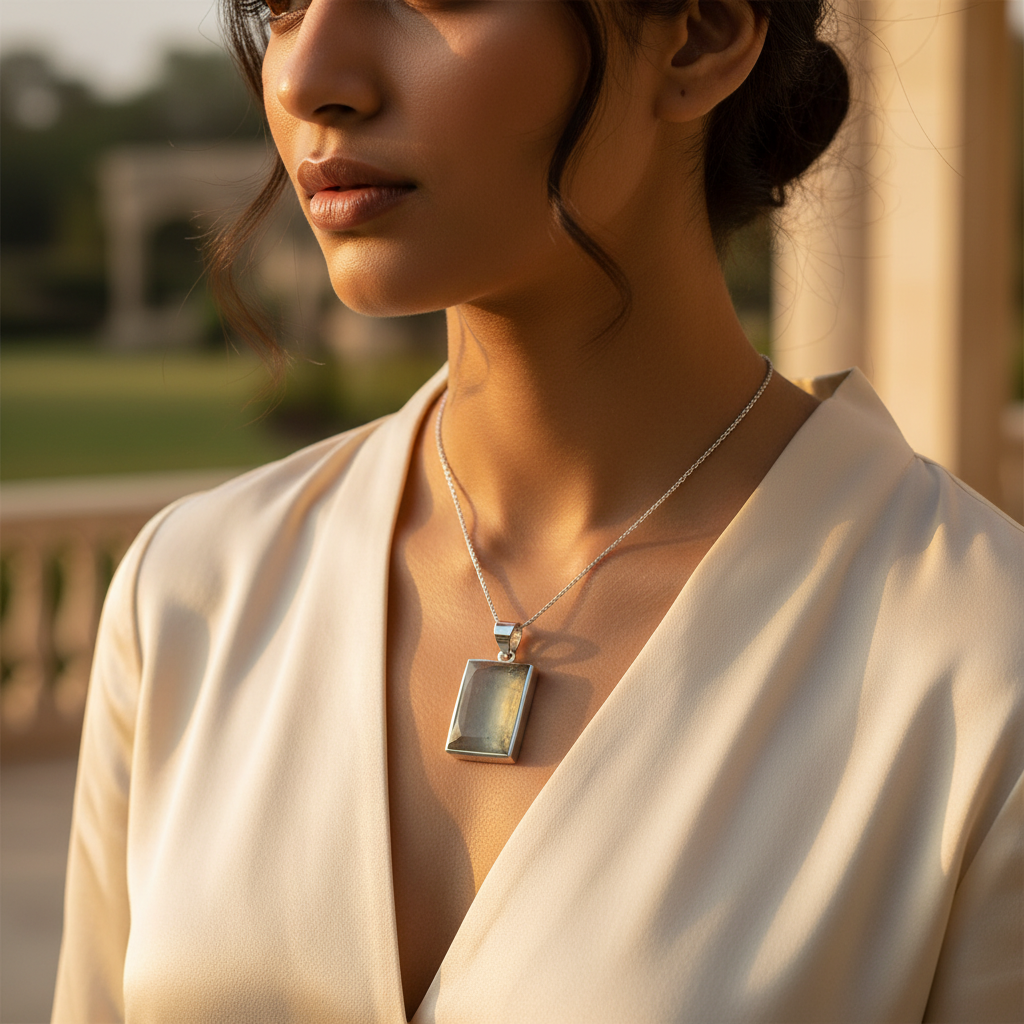 925 Silver Rectangular Gemstone Pendant for Women | Daily Wear