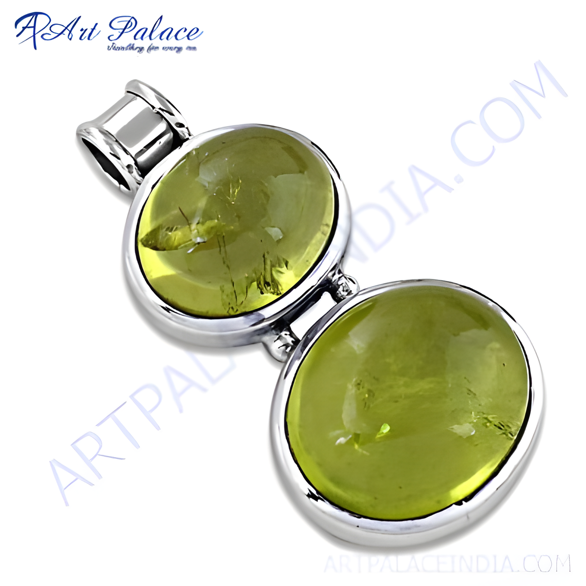 925 sterling silver pendant with two oval cut peridot gemstones, light green color
