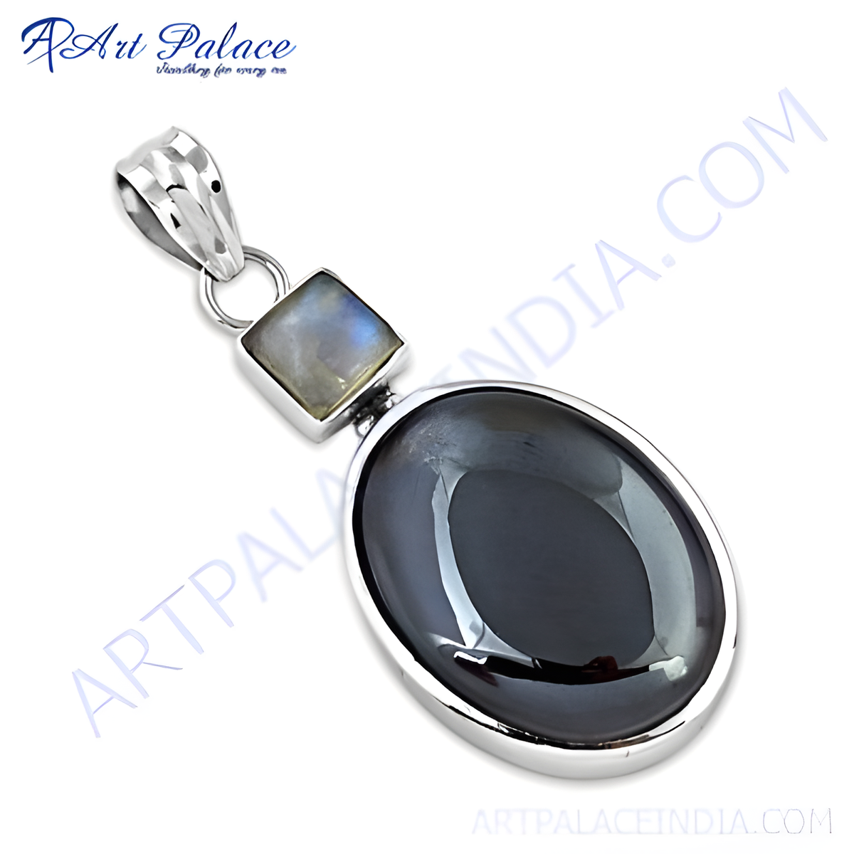 925 sterling silver pendant with a large oval black onyx stone and a moonstone accent, elegant jewelry for women