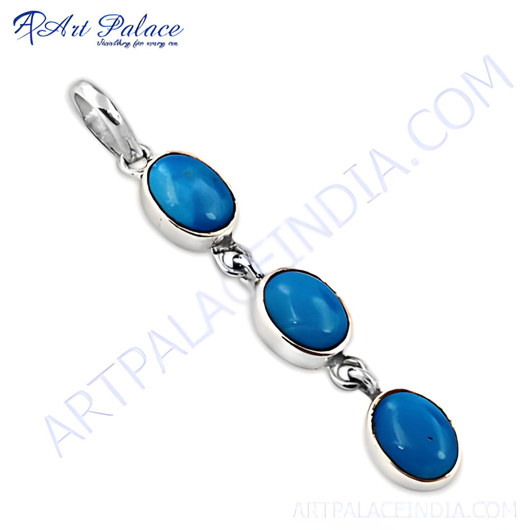 925 sterling silver pendant necklace with three oval blue turquoise gemstones.