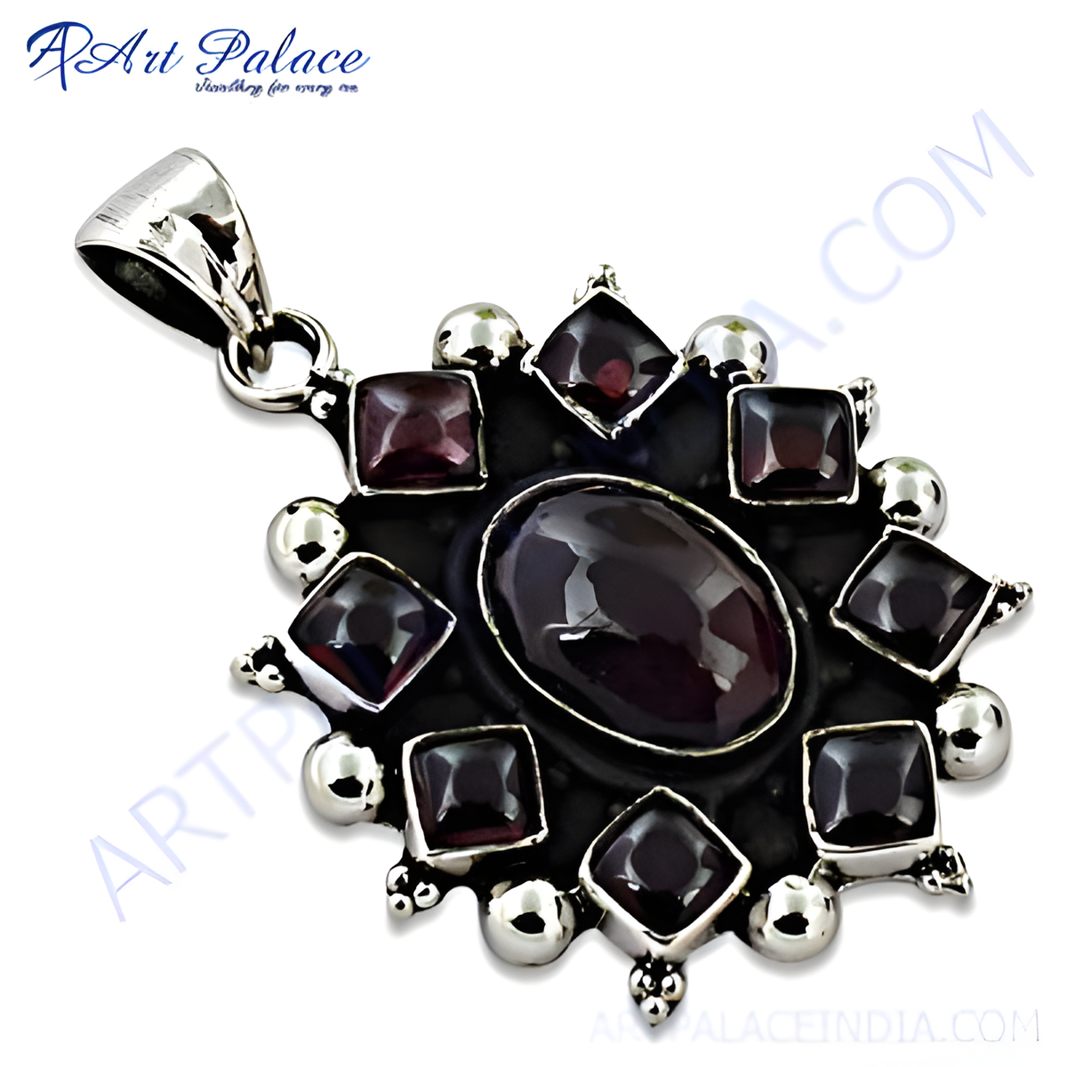 925 sterling silver pendant featuring a central oval garnet stone surrounded by smaller square garnets, elegant design
