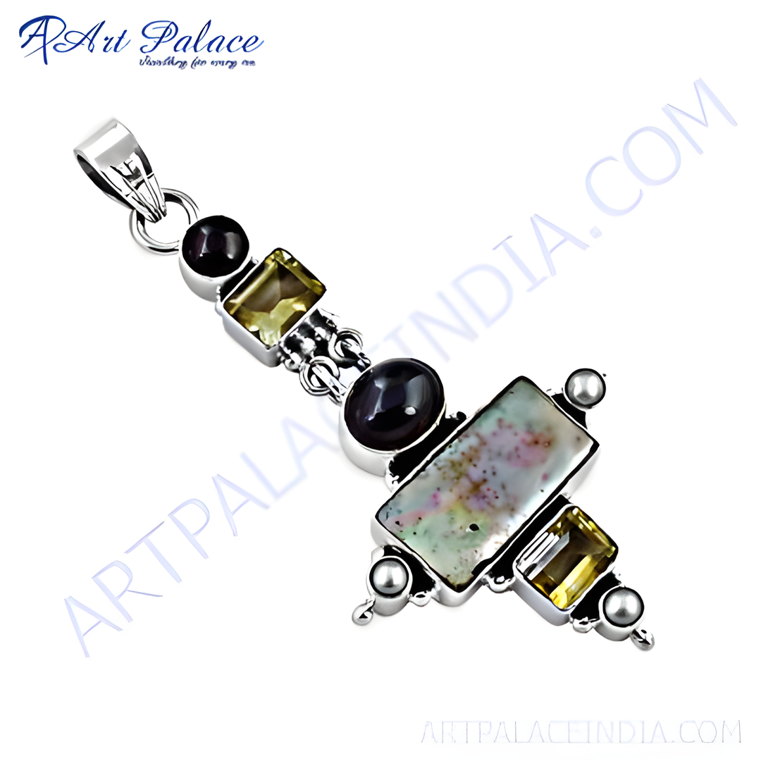 925 sterling silver gemstone cross pendant with Mother of Pearl and Citrine accents.