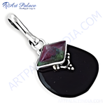 Load image into Gallery viewer, 925 sterling silver pendant with a ruby zoisite accent and a smooth black onyx stone.
