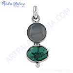 Load image into Gallery viewer, Sterling silver pendant necklace featuring a round gray agate stone and green turquoise.
