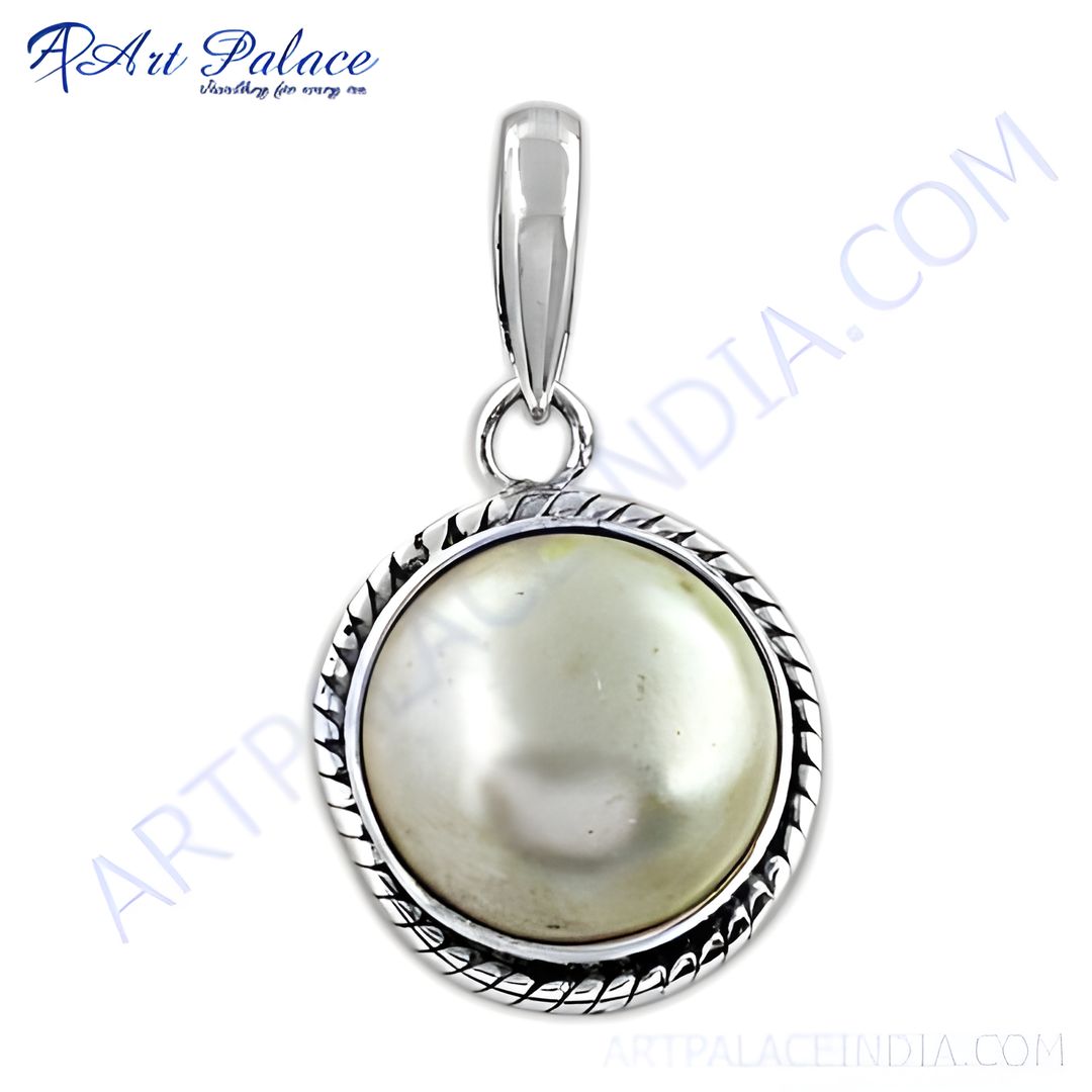 925 sterling silver pearl pendant with a round pearl gemstone, ideal for women, elegant and timeless design
